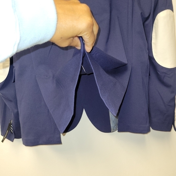 ZARA Man Navy Blue Slim Fit Blazer Jacket White Elbow Patch US Size 54 - Picture 6 of 16